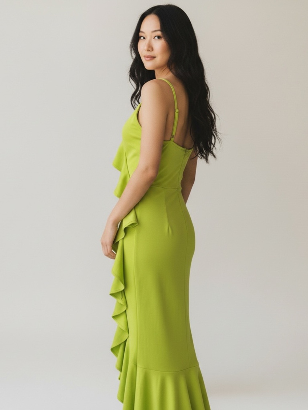 Lime Ruffle-Front Spaghetti Strap Dress - Picture 5 of 8